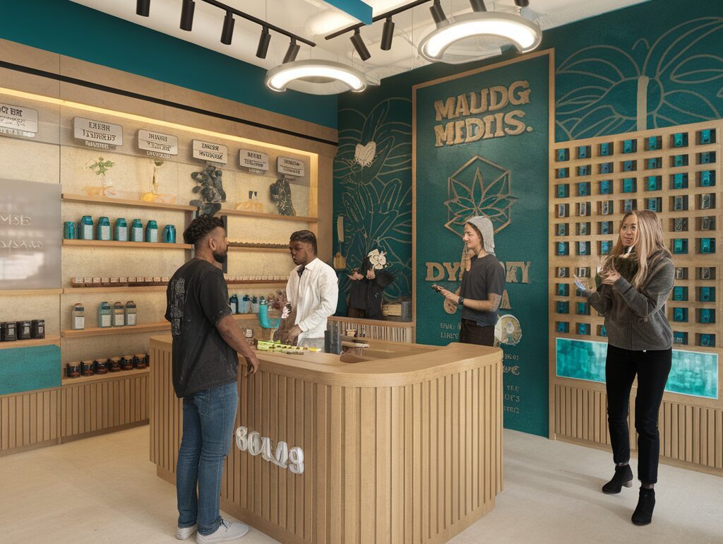 Intérieur d'un magasin de cannabis avec divers produits exposés