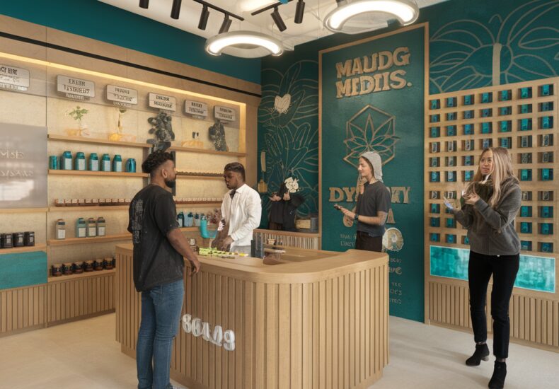 Intérieur d'un magasin de cannabis avec divers produits exposés