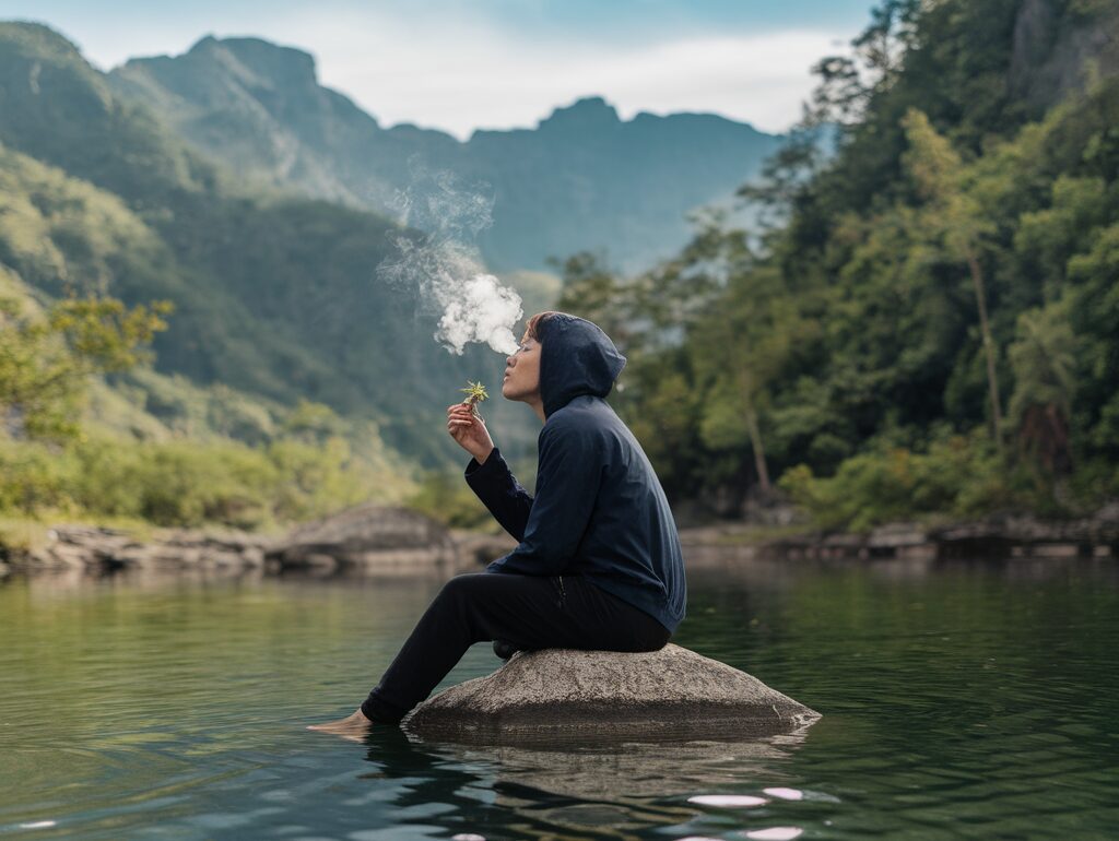 Flacon d'huile de CBD avec des gouttes et des feuilles de chanvre