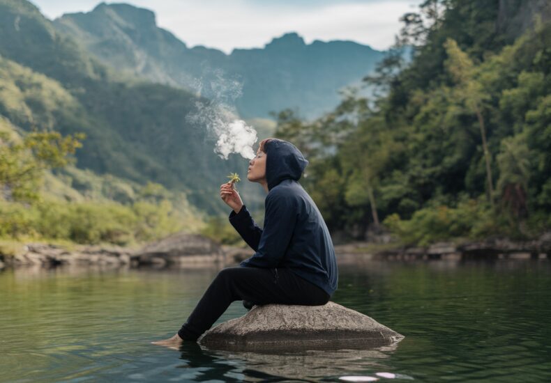 Flacon d'huile de CBD avec des gouttes et des feuilles de chanvre