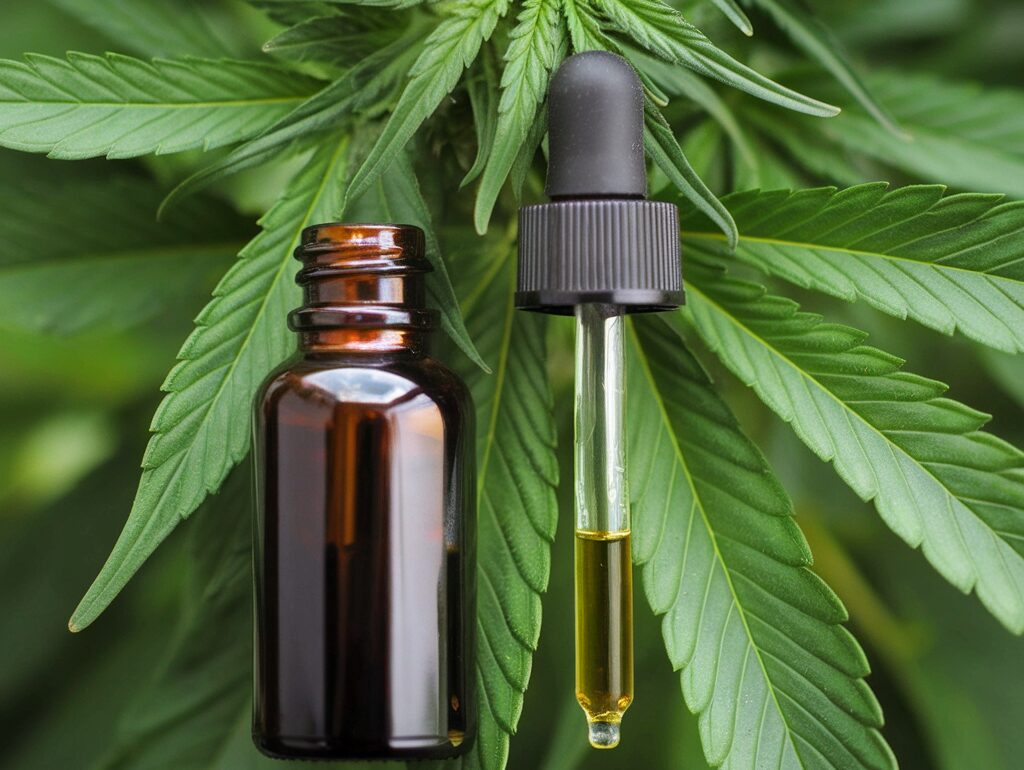 Feuilles de cannabis et flacon d’huile de CBD