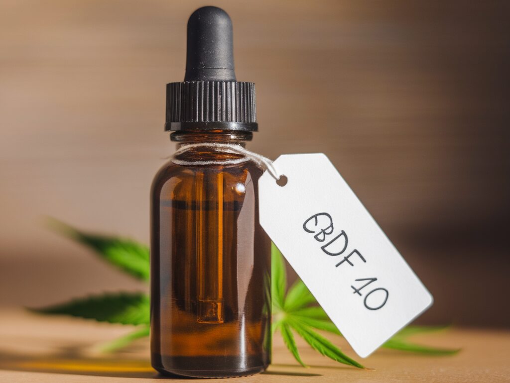 Flacon d'huile de CBD avec étiquette 'CBD pas cher' posé sur une table en bois