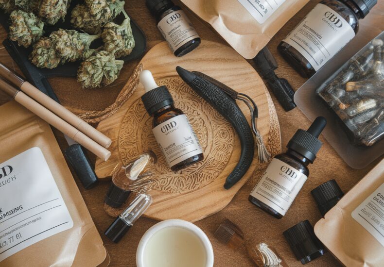 Flacon d'huile de CBD avec des feuilles de chanvre