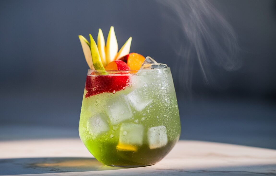 Verre de boisson infusée au CBD avec glaçons et feuille de chanvre