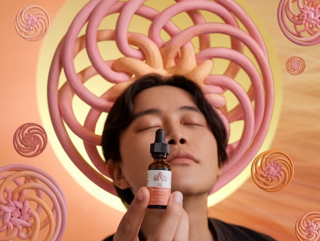 A small bottle of cannabinoid oil with a dropper beside hemp leaves