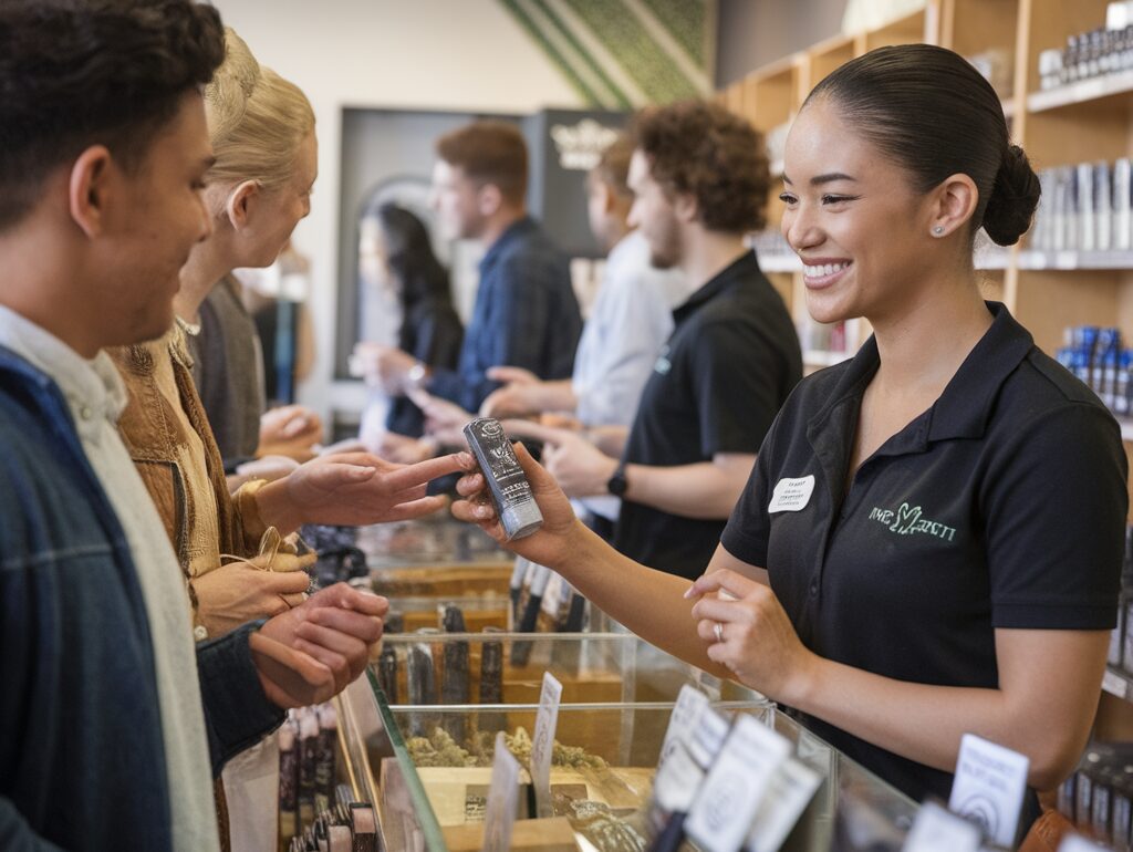 Intérieur d'une boutique de cannabis avec des produits sur les étagères