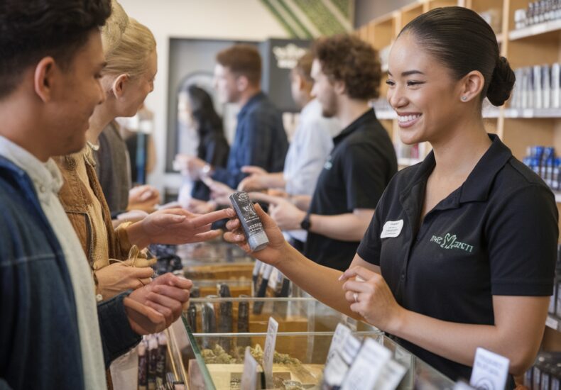 Intérieur d'une boutique de cannabis avec des produits sur les étagères