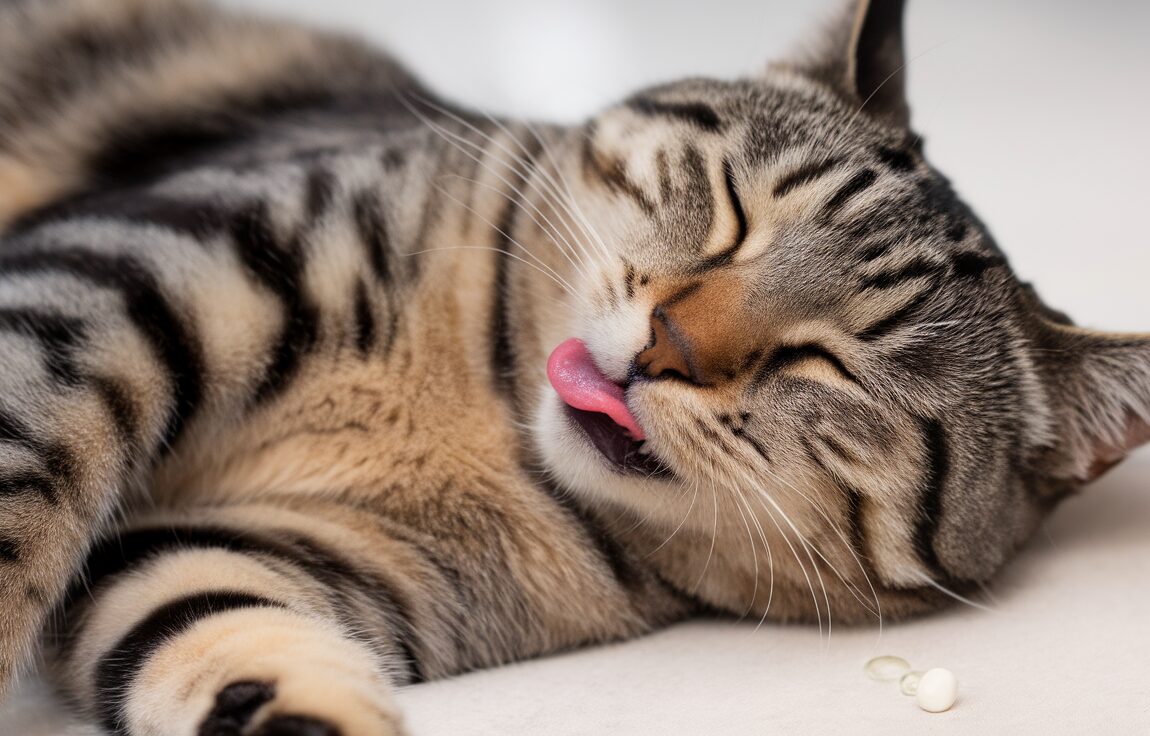 Un chat détendu allongé à côté d'un flacon d'huile de CBD