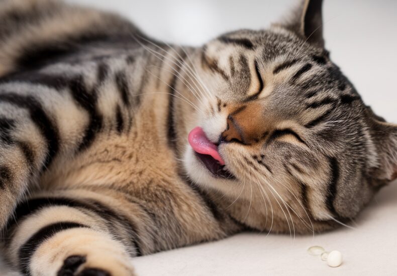 Un chat détendu allongé à côté d'un flacon d'huile de CBD