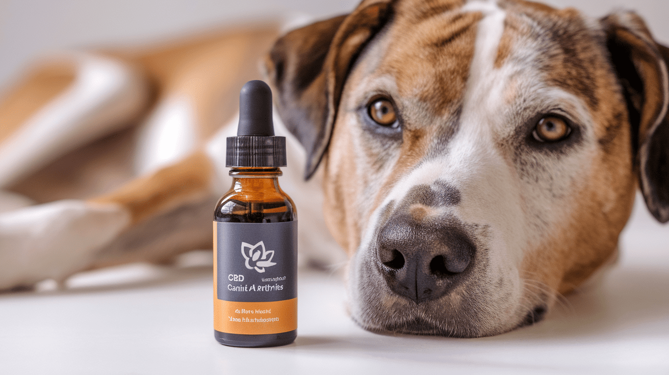 Chien allongé sur un tapis recevant de l'huile de CBD pour soulager son arthrose
