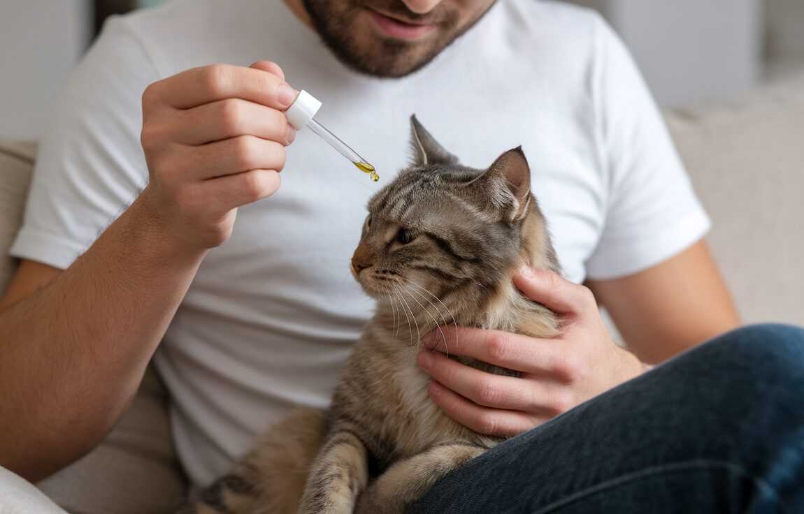 Flacon d'huile de CBD à côté d'un chat détendu