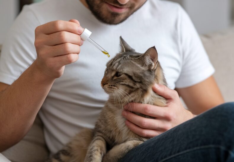 Flacon d'huile de CBD à côté d'un chat détendu