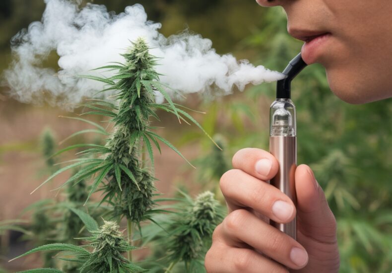 Flacon d'huile de CBD puissant avec des feuilles de chanvre