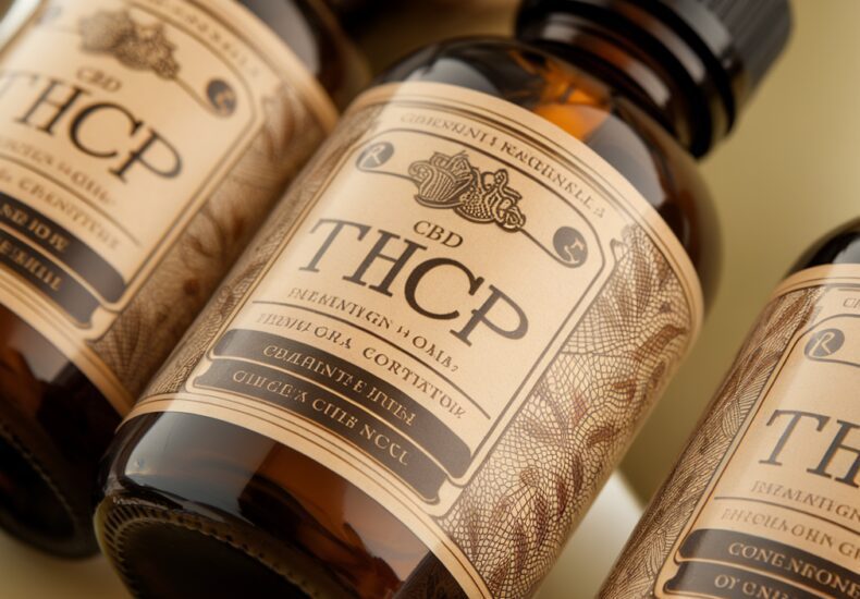 Flacon d'huile de CBD THCP avec des feuilles de chanvre