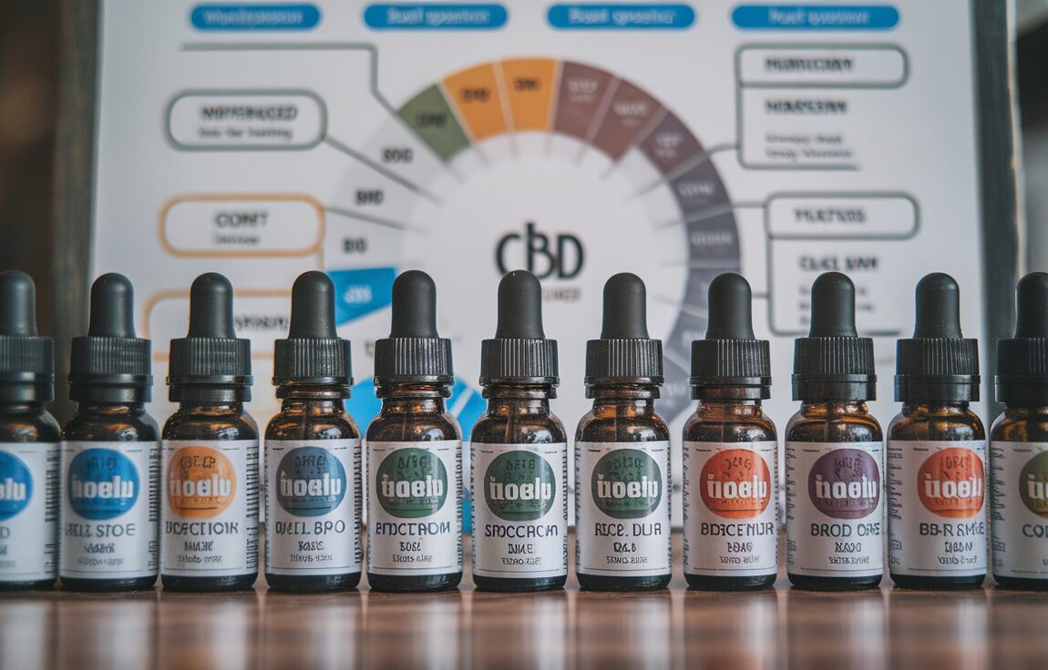 Bouteille d'huile de CBD posée sur une table avec des gouttes