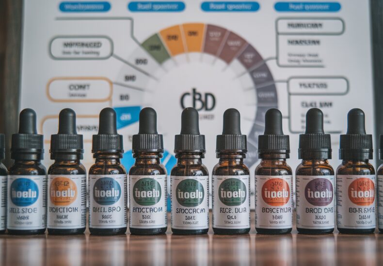 Bouteille d'huile de CBD posée sur une table avec des gouttes