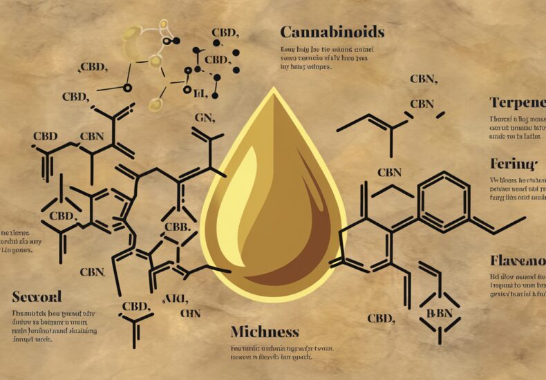 Bouteille d'huile de CBD pressée à froid avec gouttes et feuilles de chanvre