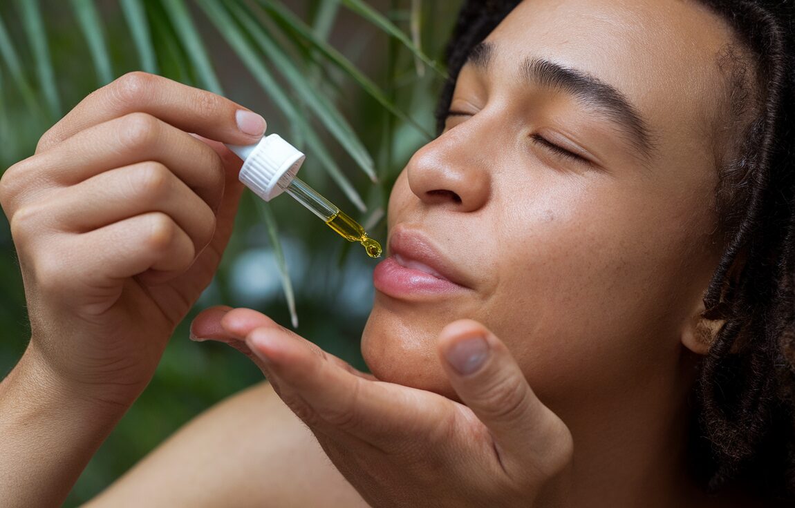 Bouteille d'huile de CBD pressée à froid sur un fond naturel