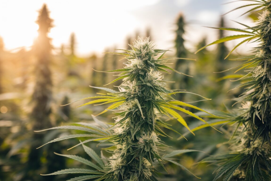 Flacon d'huile de CBD Hollyweed posé sur une table en bois avec des feuilles de chanvre