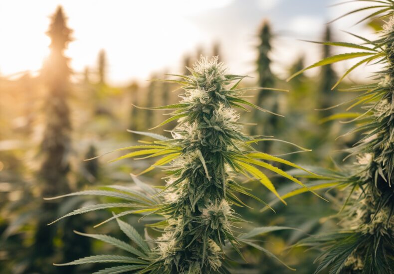 Flacon d'huile de CBD Hollyweed posé sur une table en bois avec des feuilles de chanvre