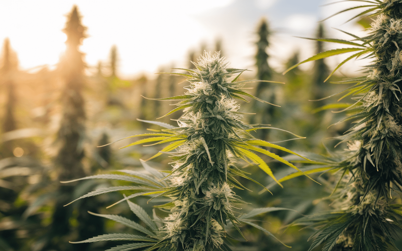 Flacon d'huile de CBD Hollyweed posé sur une table en bois avec des feuilles de chanvre