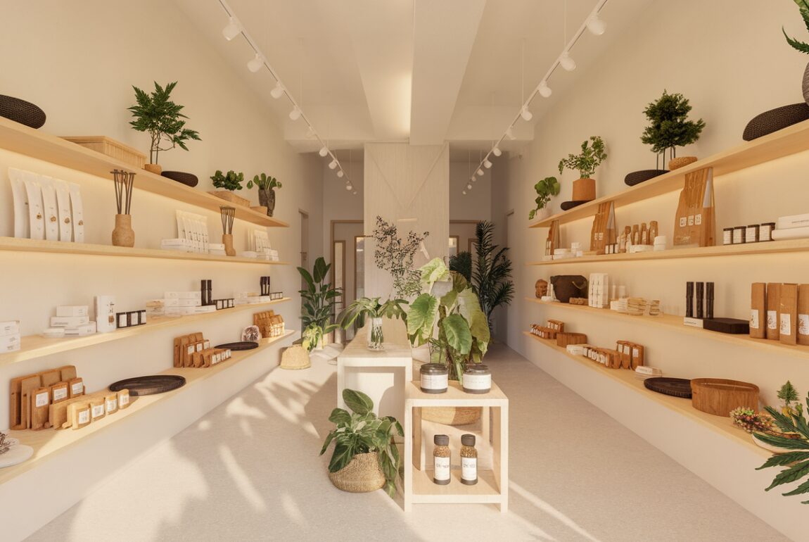 Façade d'une boutique CBD moderne avec présentoirs de produits naturels