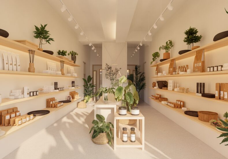 Façade d'une boutique CBD moderne avec présentoirs de produits naturels
