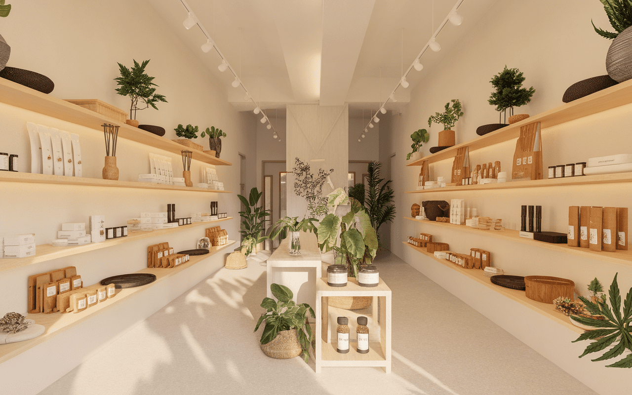 Façade d'une boutique CBD moderne avec présentoirs de produits naturels