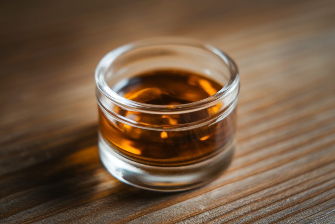 Flacon d'huile de CBD posé sur une table en bois avec des feuilles de chanvre
