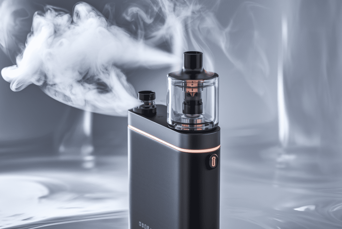 Photographie d’un vaporisateur CBD noir mat avec vapeur visible