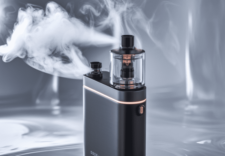 Photographie d’un vaporisateur CBD noir mat avec vapeur visible