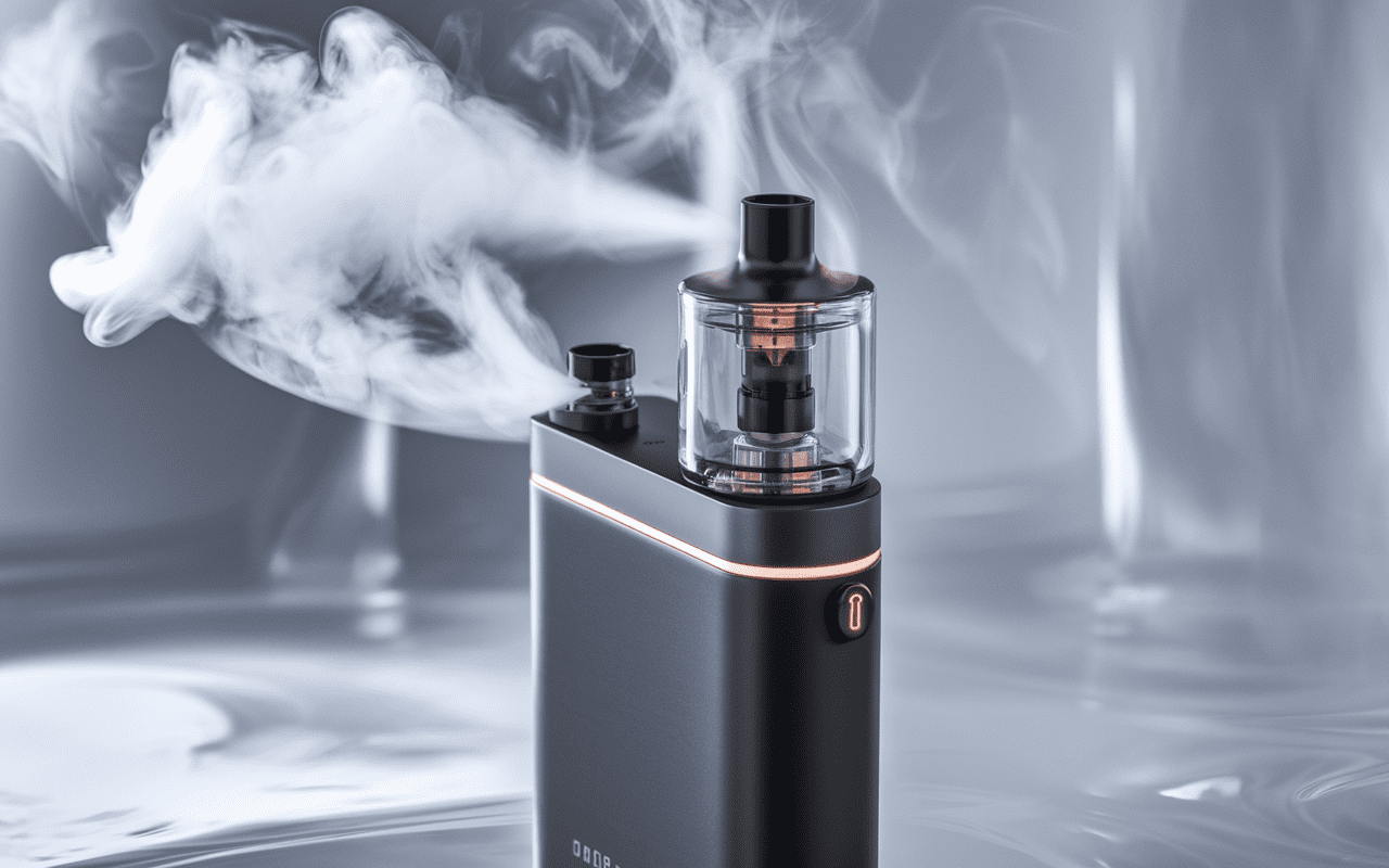 Photographie d’un vaporisateur CBD noir mat avec vapeur visible