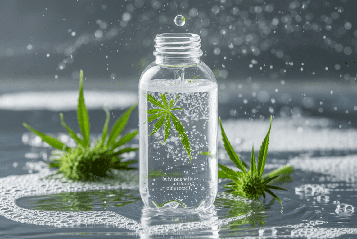 Elegant CBD-infused water bottle with hemp flowers and droplets