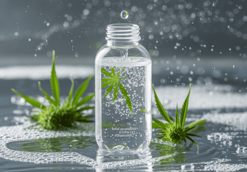 Elegant CBD-infused water bottle with hemp flowers and droplets