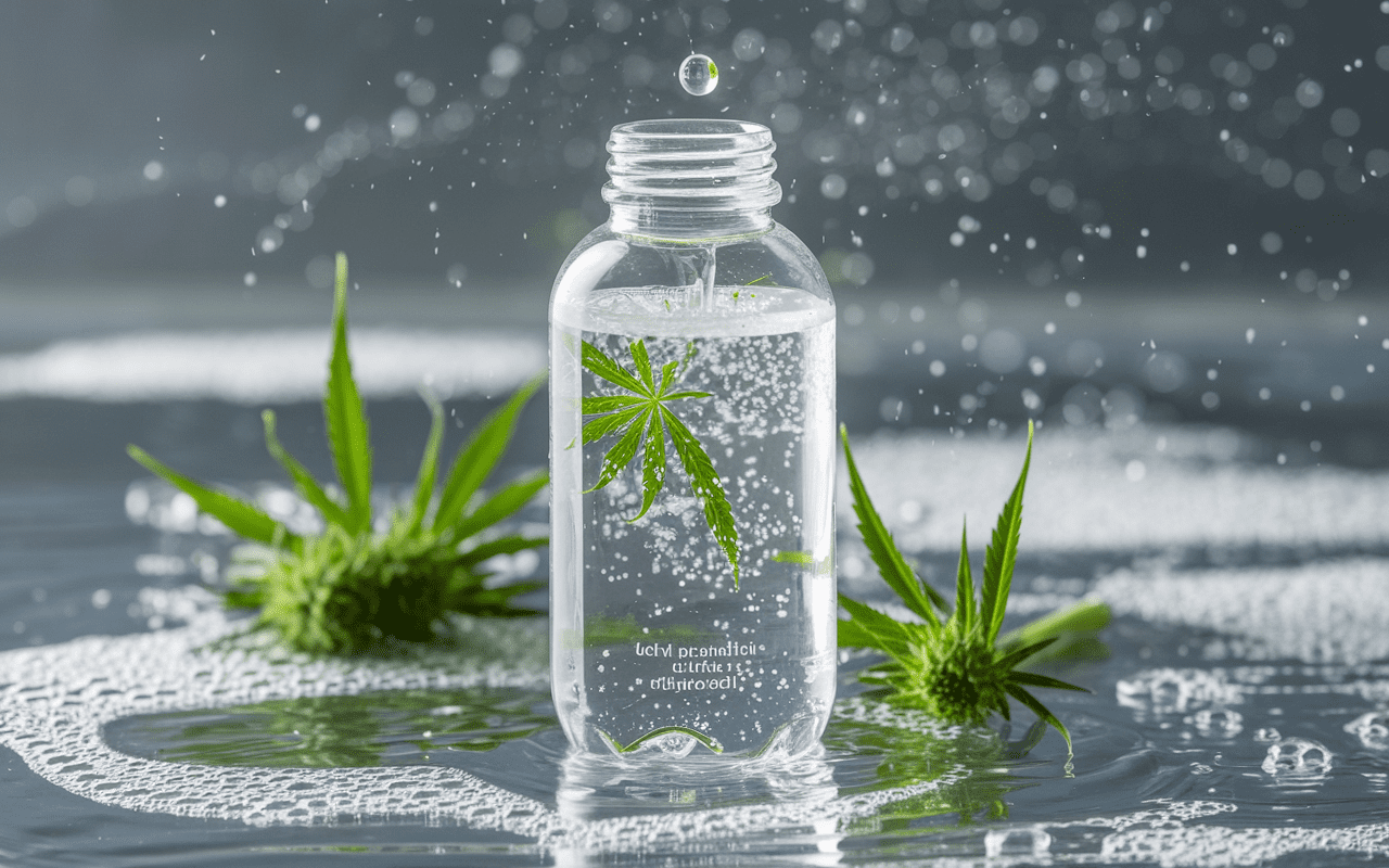 Elegant CBD-infused water bottle with hemp flowers and droplets