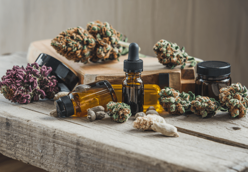 Photo de produits CBD sur table en bois avec fleurs, huiles et résines