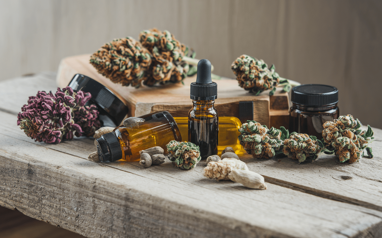 Photo de produits CBD sur table en bois avec fleurs, huiles et résines