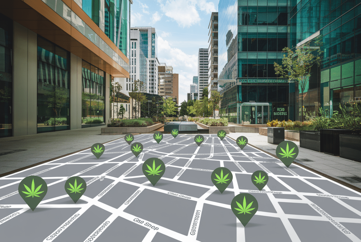 Carte photoréaliste d'une ville avec emplacements de boutiques CBD marqués par des icônes de feuille de chanvre verte