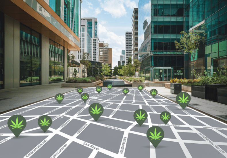 Carte photoréaliste d'une ville avec emplacements de boutiques CBD marqués par des icônes de feuille de chanvre verte