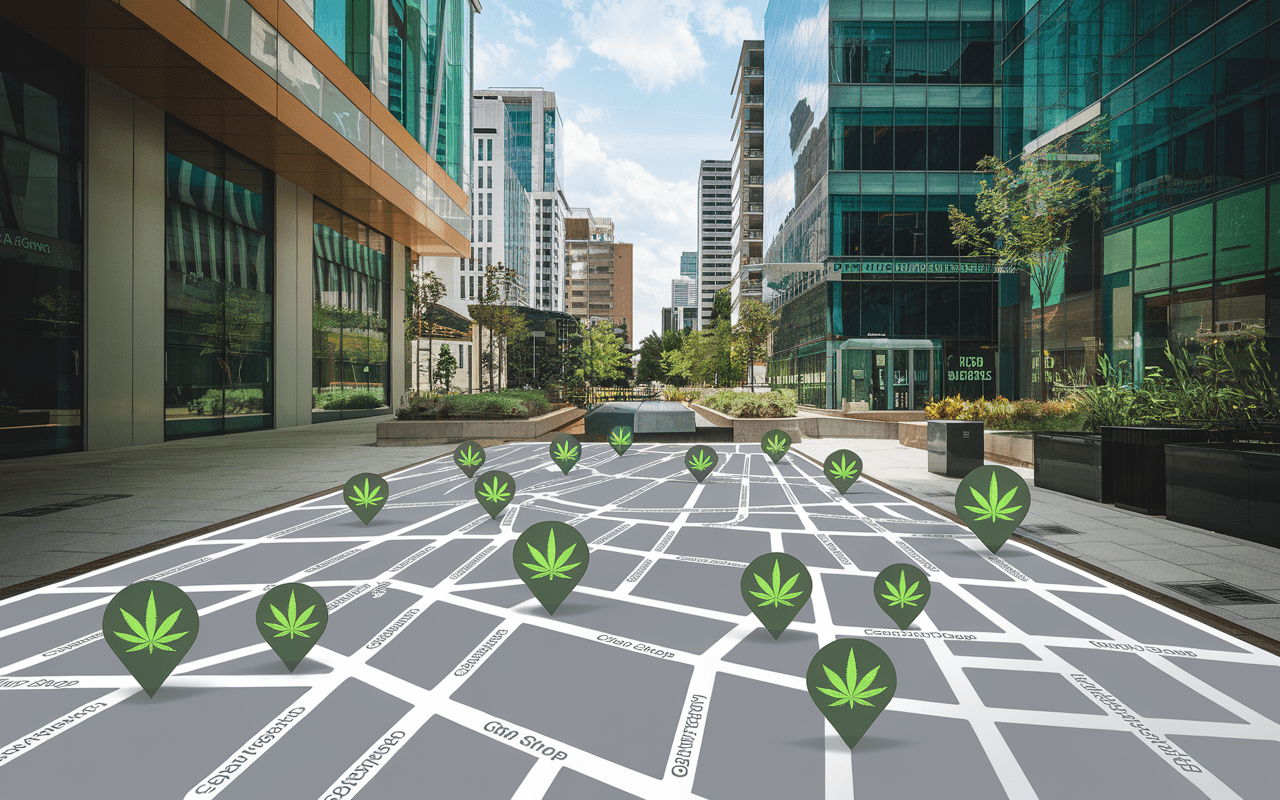 Carte photoréaliste d'une ville avec emplacements de boutiques CBD marqués par des icônes de feuille de chanvre verte